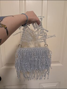 Crystal Beaded Fringe Hand Bag - Icy Baby Blue/Clear